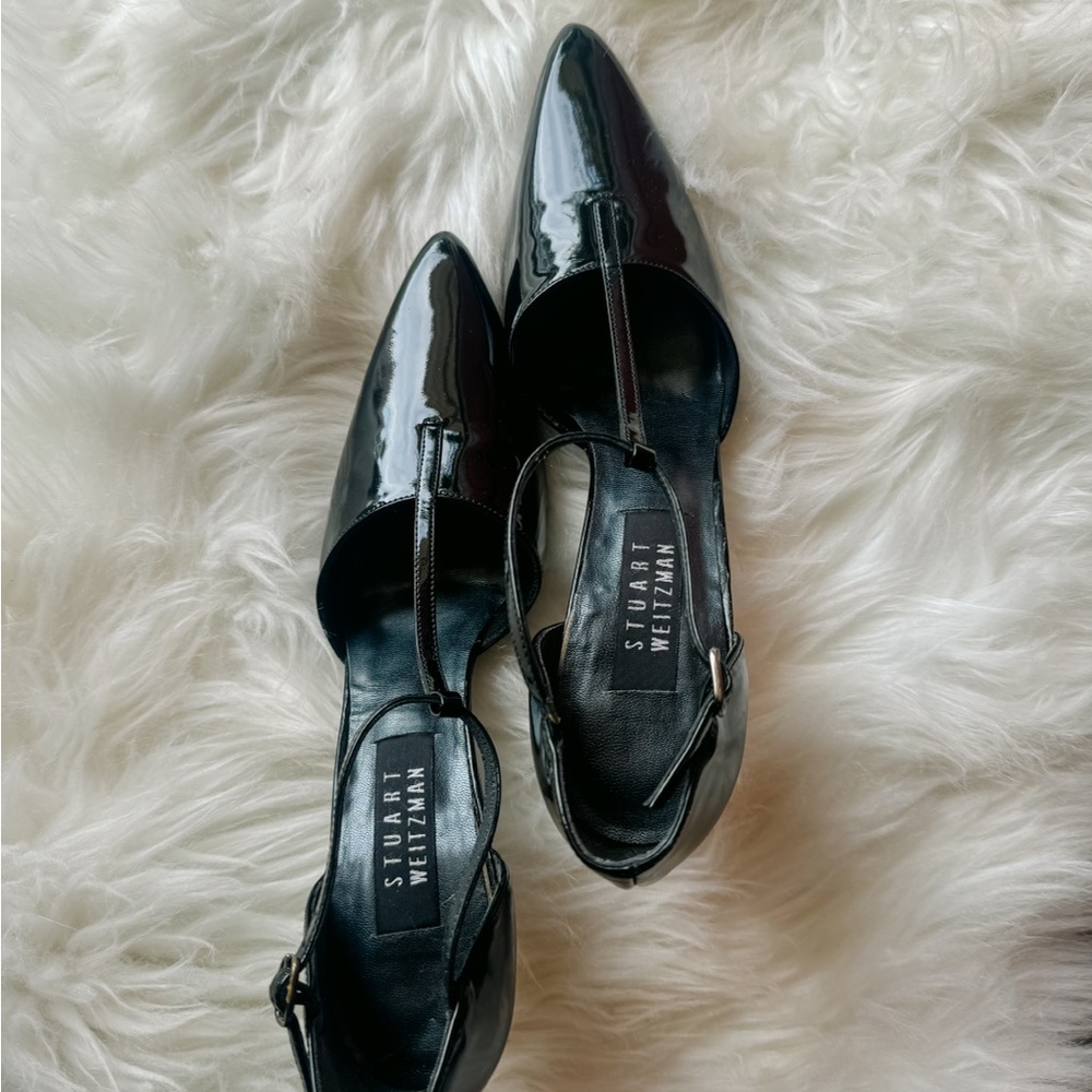 Stuart Weitzman Vintage Pointed Toe T-Strap Pumps Size 6.5-7 Black Leather